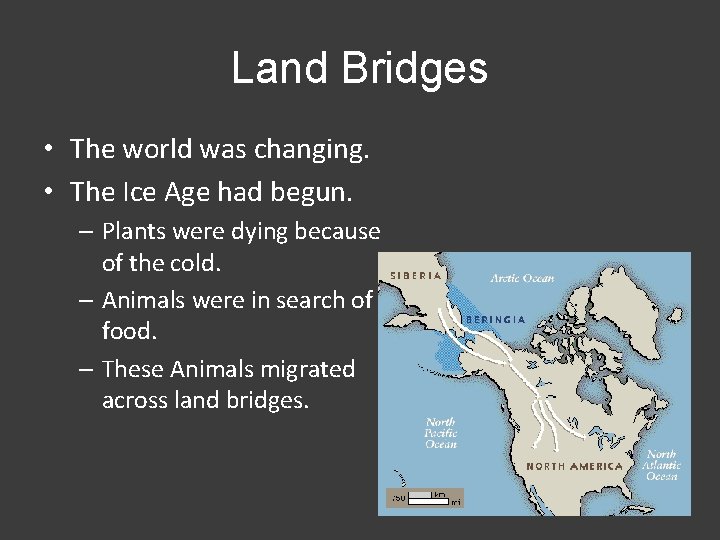 Land Bridges • The world was changing. • The Ice Age had begun. –