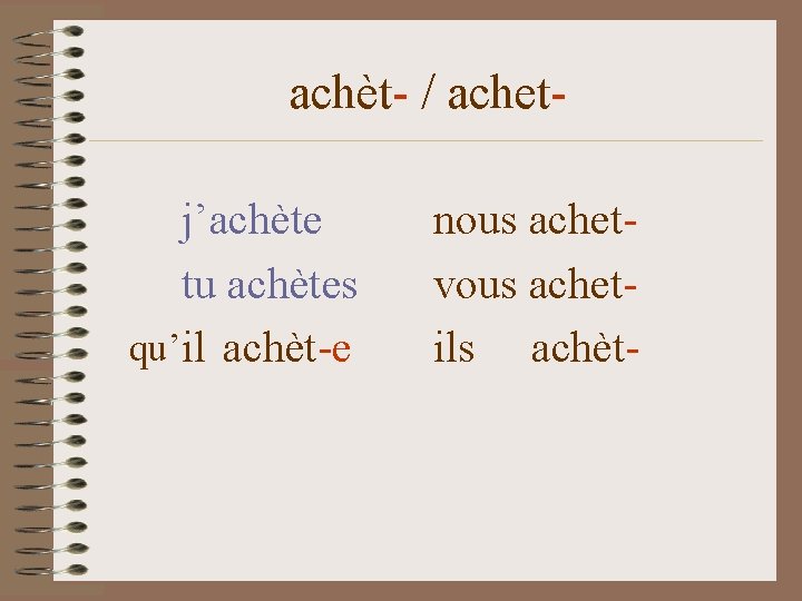 achèt- / achetj’achète tu achètes qu’il achèt-e nous achetvous achetils achèt- 