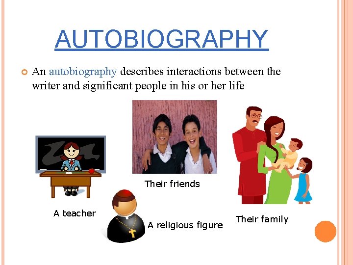 AUTOBIOGRAPHY An autobiography describes interactions between the writer and significant people in his or