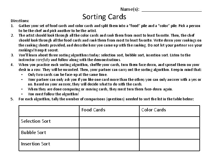 Names Sorting Cards Directions 1 Gather your set
