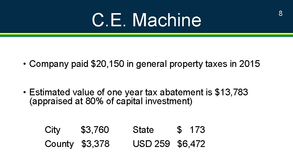 C. E. Machine • Company paid $20, 150 in general property taxes in 2015