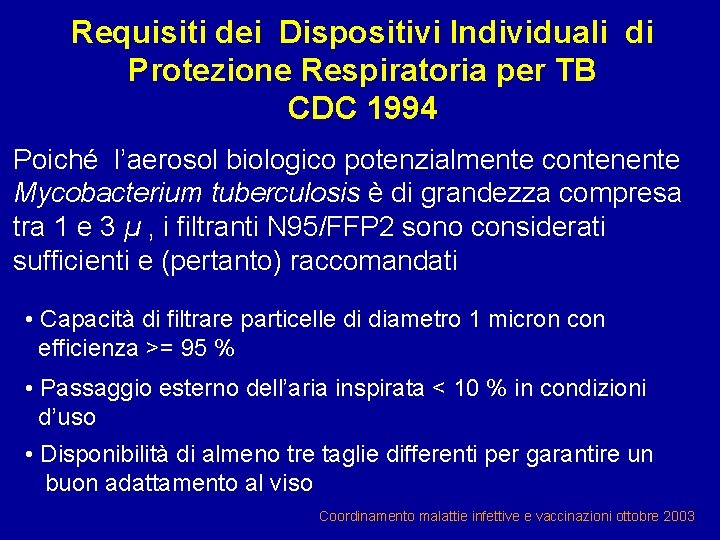 Requisiti dei Dispositivi Individuali di Protezione Respiratoria per TB CDC 1994 Poiché l’aerosol biologico