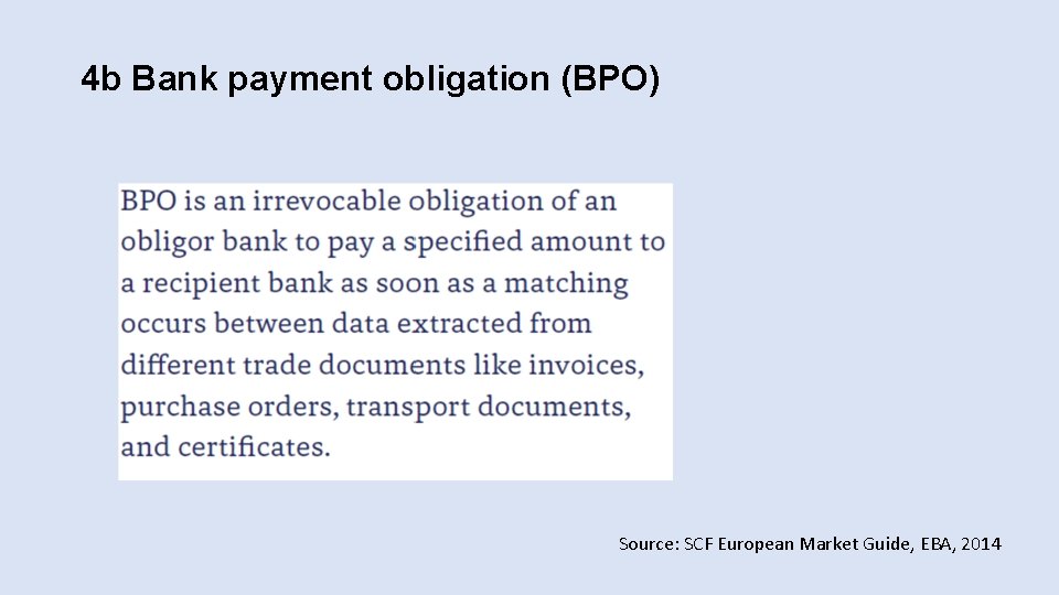 4 b Bank payment obligation (BPO) Source: SCF European Market Guide, EBA, 2014 