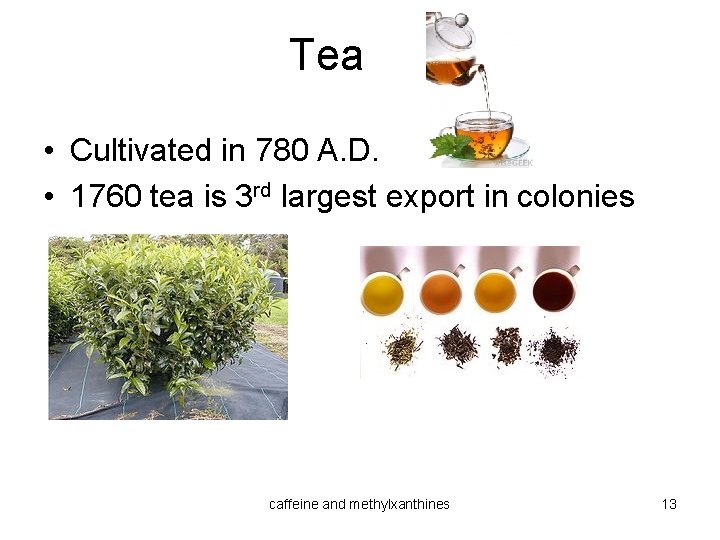 Tea • Cultivated in 780 A. D. • 1760 tea is 3 rd largest