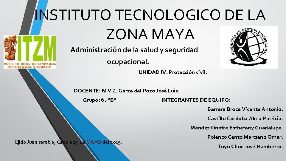 INSTITUTO TECNOLOGICO DE LA ZONA MAYA Administración de la salud y seguridad ocupacional. UNIDAD