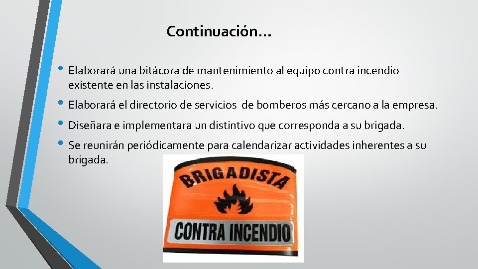 Continuación… • Elaborará una bitácora de mantenimiento al equipo contra incendio existente en las