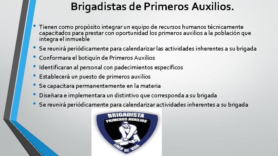 Brigadistas de Primeros Auxilios. • • Tienen como propósito integrar un equipo de recursos