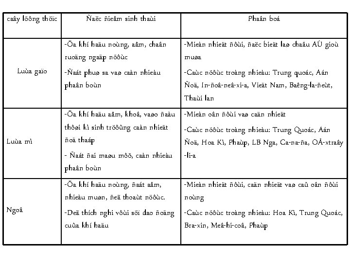 caây löông thöïc Luùa gaïo Luùa mì Ngoâ Ñaëc ñieåm sinh thaùi -Öa khí