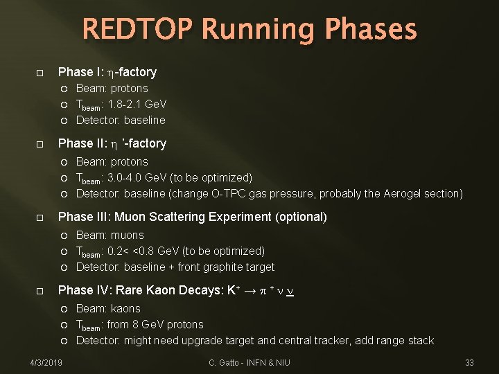 REDTOP Running Phases Phase I: h-factory Beam: protons Tbeam: 1. 8 -2. 1 Ge.