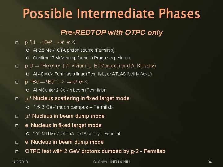 Possible Intermediate Phases Pre-REDTOP with OTPC only p 7 Li → 8 Be* →