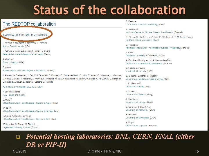 Status of the collaboration q Potential hosting laboratories: BNL, CERN, FNAL (either DR or