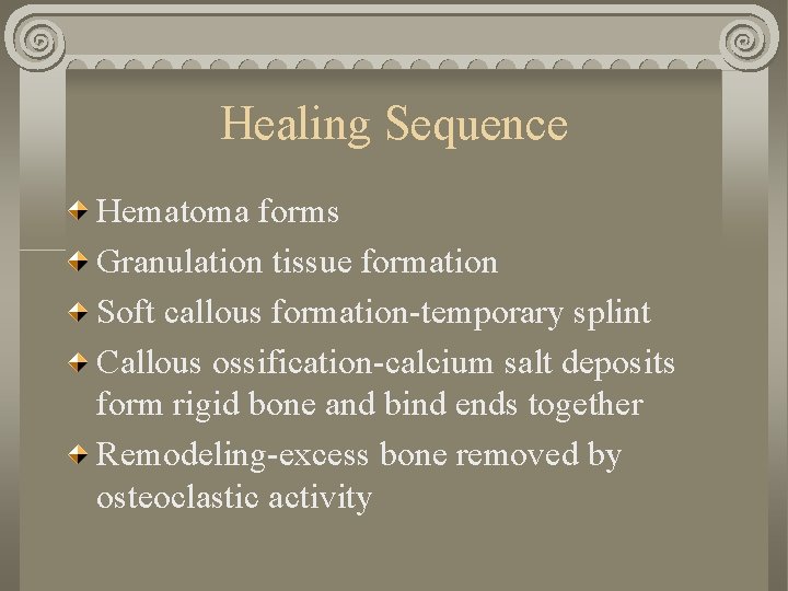 Healing Sequence Hematoma forms Granulation tissue formation Soft callous formation-temporary splint Callous ossification-calcium salt Healing Sequence Hematoma forms Granulation tissue formation Soft callous formation-temporary splint Callous ossification-calcium salt