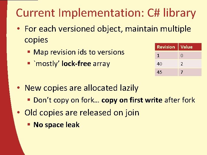 Current Implementation: C# library • For each versioned object, maintain multiple copies § Map