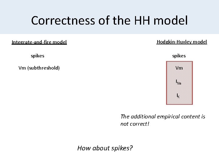 Correctness of the HH model Hodgkin-Huxley model Integrate-and-fire model spikes Vm (subthreshold) Vm INa