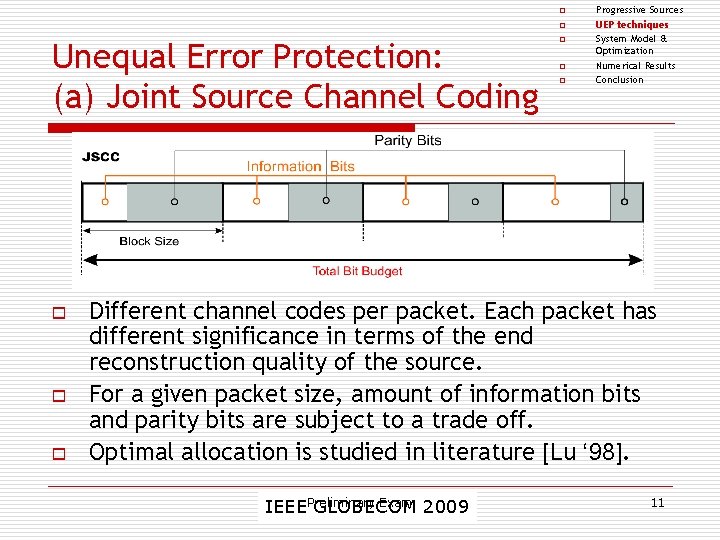 o o Unequal Error Protection: (a) Joint Source Channel Coding o o o Progressive