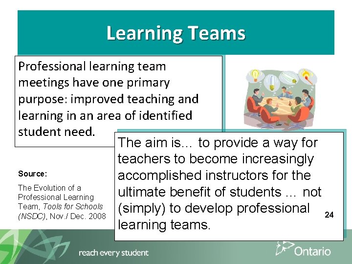 Learning Teams Professional learning team meetings have one primary purpose: improved teaching and learning