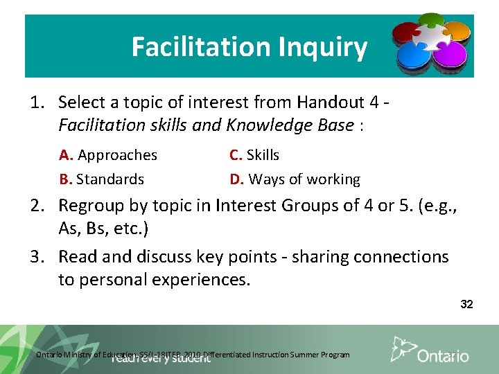 Facilitation Inquiry 1. Select a topic of interest from Handout 4 Facilitation skills and