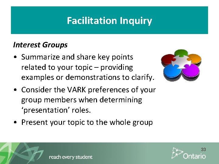 Facilitation Inquiry Interest Groups • Summarize and share key points related to your topic