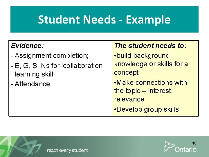Student Needs - Example Evidence: - Assignment completion; - E, G, S, Ns for
