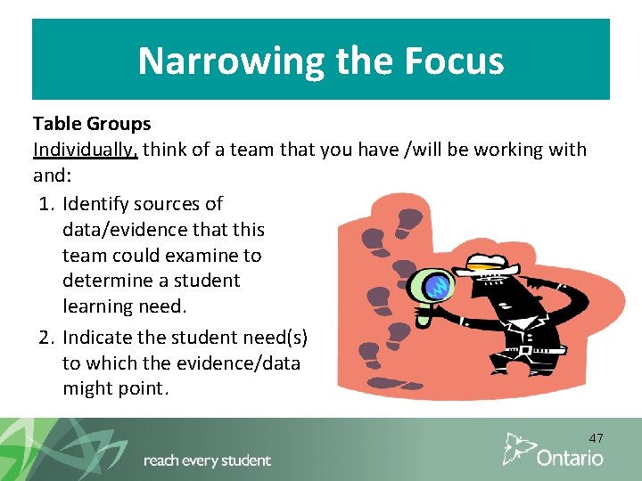 Narrowing the Focus Table Groups Individually, think of a team that you have /will