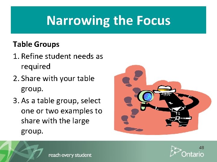 Narrowing the Focus Table Groups 1. Refine student needs as required 2. Share with