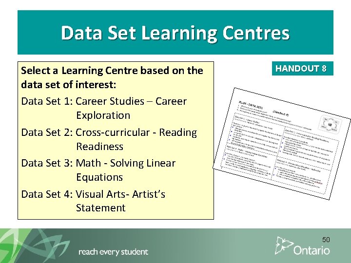 Data Set Learning Centres Select a Learning Centre based on the data set of