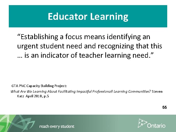Educator Learning “Establishing a focus means identifying an urgent student need and recognizing that