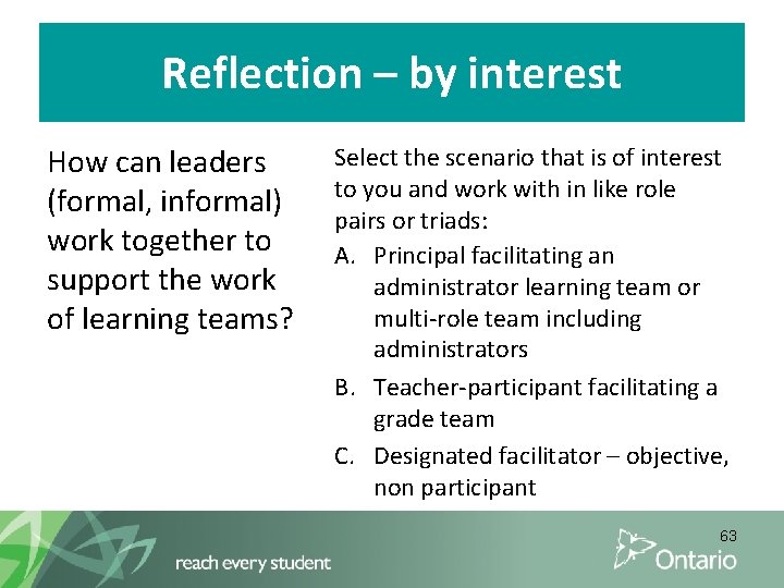 Reflection – by interest How can leaders (formal, informal) work together to support the