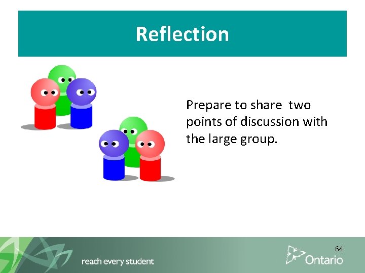 Reflection Prepare to share two points of discussion with the large group. 64 