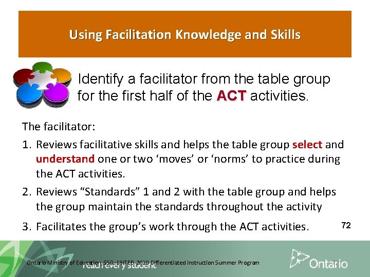 Using Facilitation Knowledge and Skills Identify a facilitator from the table group for the