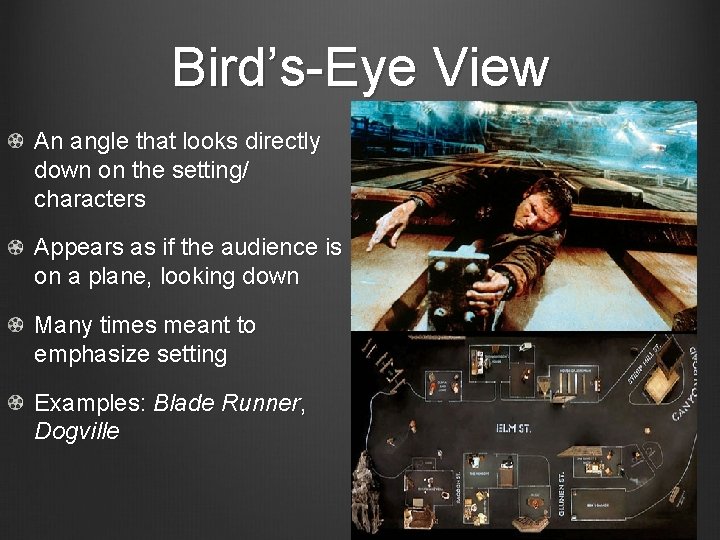 Bird’s-Eye View An angle that looks directly down on the setting/ characters Appears as
