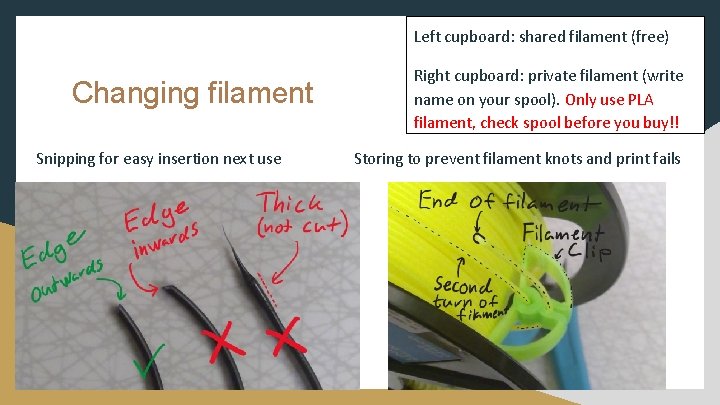 Left cupboard: shared filament (free) Changing filament Snipping for easy insertion next use Right