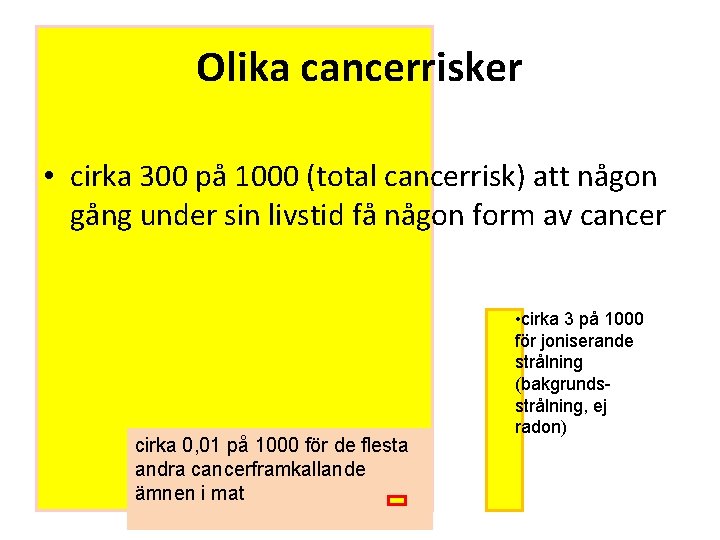 Olika cancerrisker • cirka 300 på 1000 (total cancerrisk) att någon gång under sin