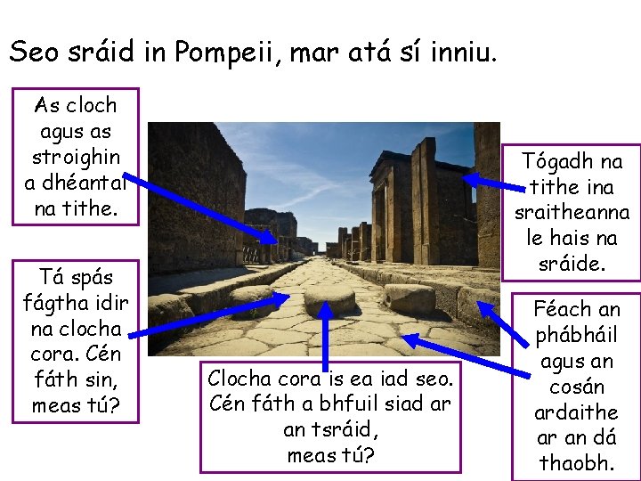 Seo sráid in Pompeii, mar atá sí inniu. As cloch agus as stroighin a