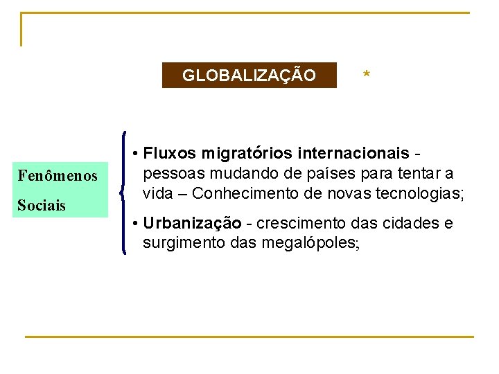 GLOBALIZAÇÃO Fenômenos Sociais * • Fluxos migratórios internacionais pessoas mudando de países para tentar