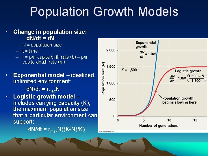 Population Growth Models • Change in population size: d. N/dt = r. N –