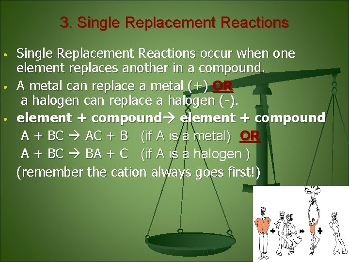 3. Single Replacement Reactions • • • Single Replacement Reactions occur when one element