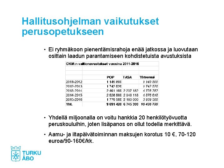 Hallitusohjelman vaikutukset perusopetukseen • Ei ryhmäkoon pienentämisrahoja enää jatkossa ja luovutaan osittain laadun parantamiseen