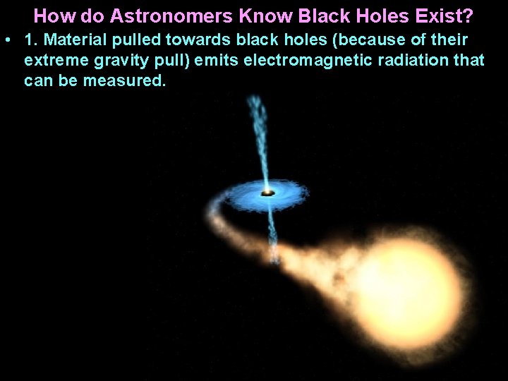 How do Astronomers Know Black Holes Exist? • 1. Material pulled towards black holes