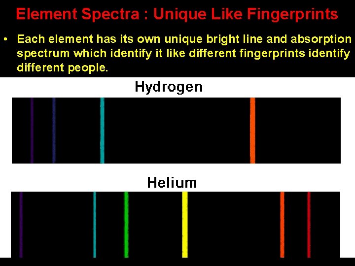 Element Spectra : Unique Like Fingerprints • Each element has its own unique bright