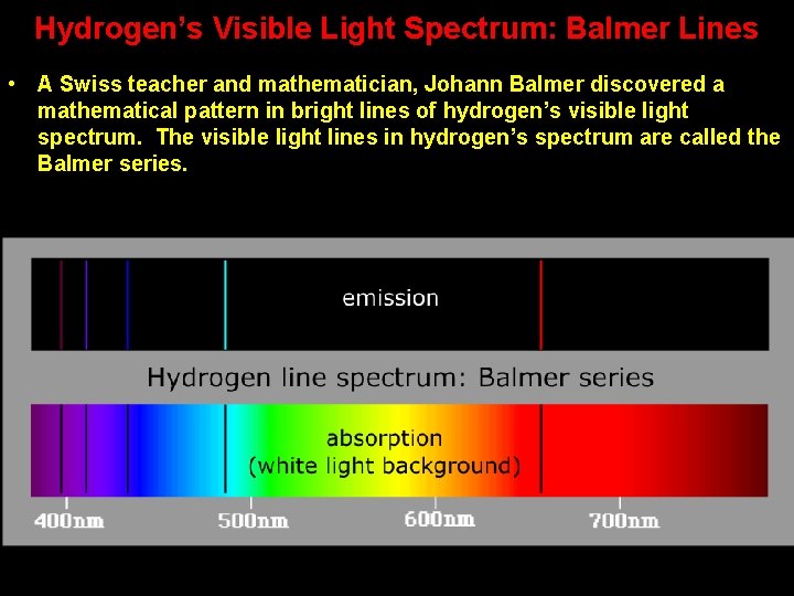 Hydrogen’s Visible Light Spectrum: Balmer Lines • A Swiss teacher and mathematician, Johann Balmer