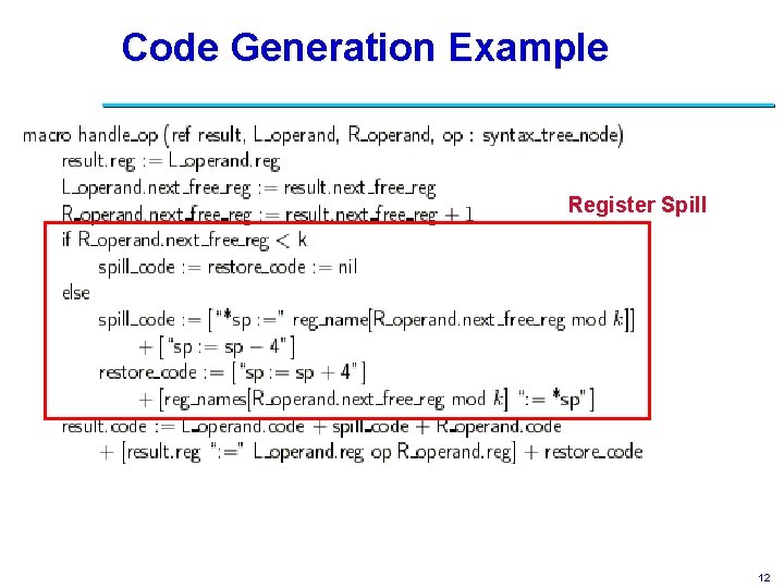 Code Generation Example Register Spill 12 
