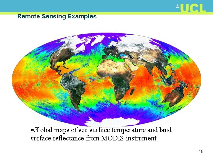 Remote Sensing Examples • Global maps of sea surface temperature and land surface reflectance