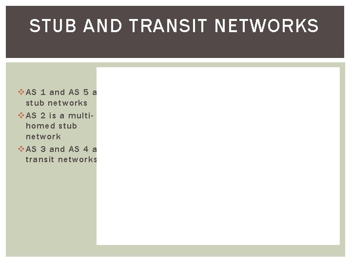 STUB AND TRANSIT NETWORKS v AS 1 and AS 5 are stub networks v