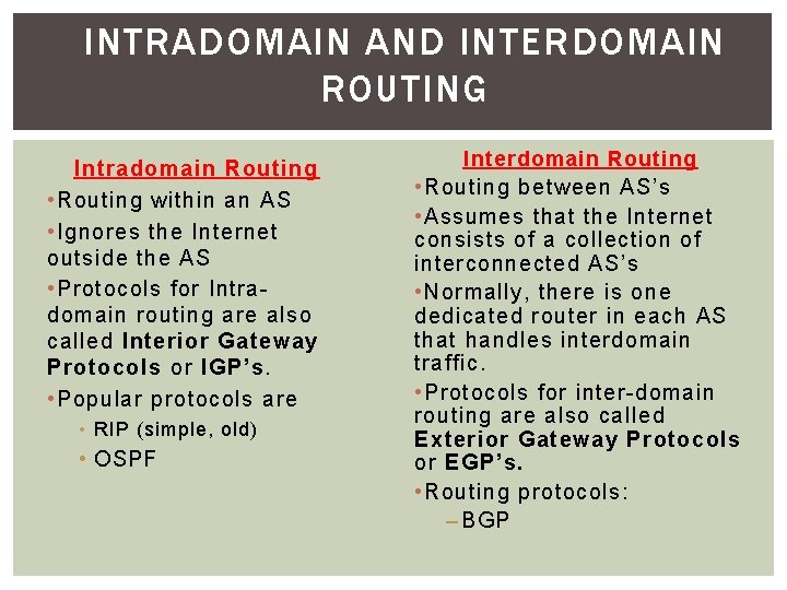 INTRADOMAIN AND INTERDOMAIN ROUTING Intradomain Routing • Routing within an AS • Ignores the