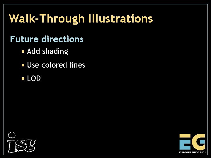 Walk-Through Illustrations Future directions • Add shading • Use colored lines • LOD 