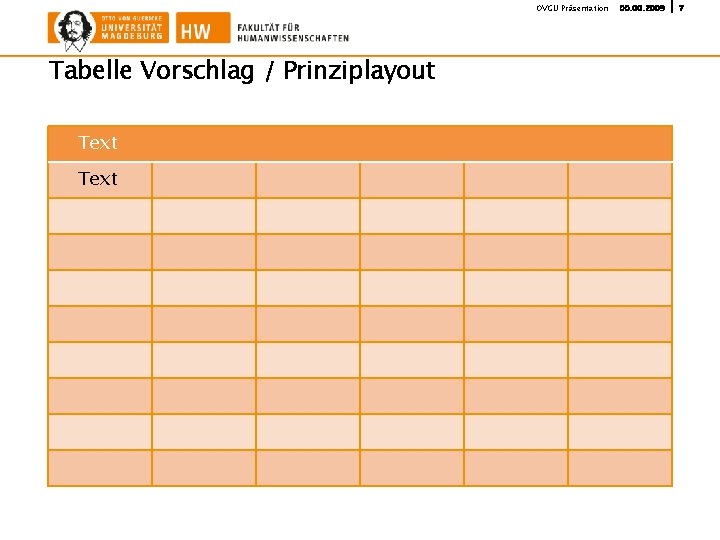 OVGU Präsentation Tabelle Vorschlag / Prinziplayout Text 00. 2009 7 