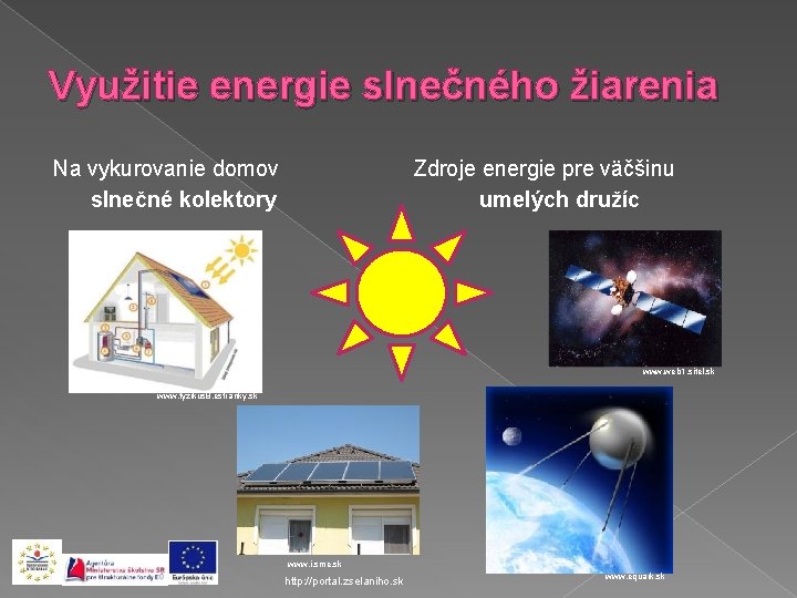 Využitie energie slnečného žiarenia Na vykurovanie domov slnečné kolektory Zdroje energie pre väčšinu umelých