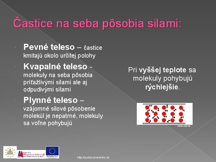 Častice na seba pôsobia silami: Pevné teleso – častice kmitajú okolo určitej polohy Kvapalné