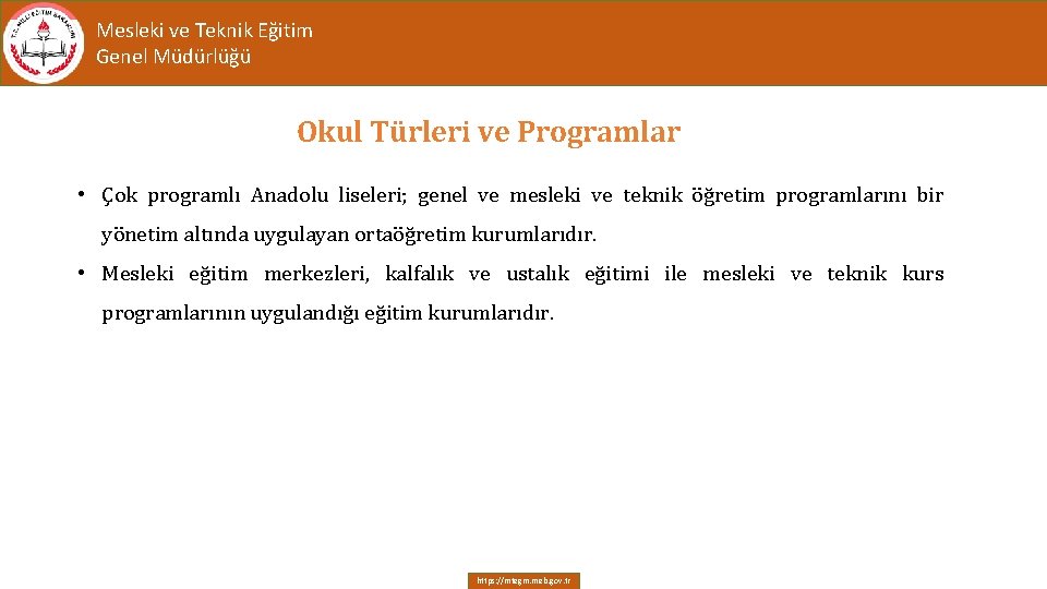 Mesleki ve Teknik Eğitim Genel Müdürlüğü Okul Türleri ve Programlar • Çok programlı Anadolu